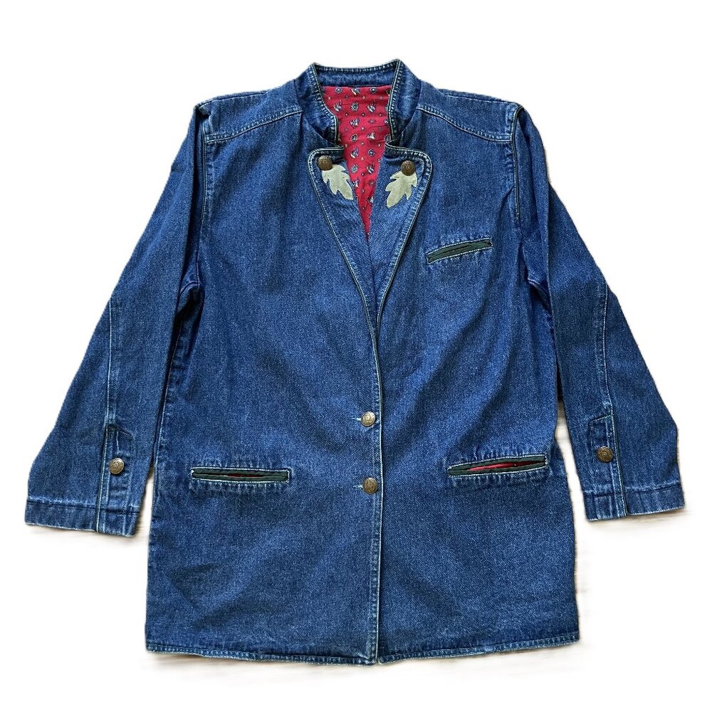 Vintage Western Denim Blazer Jean Jacket Suede Applique Peekaboo Contrast Trim